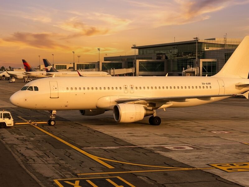 A320 aircraft on tarmac at sunset